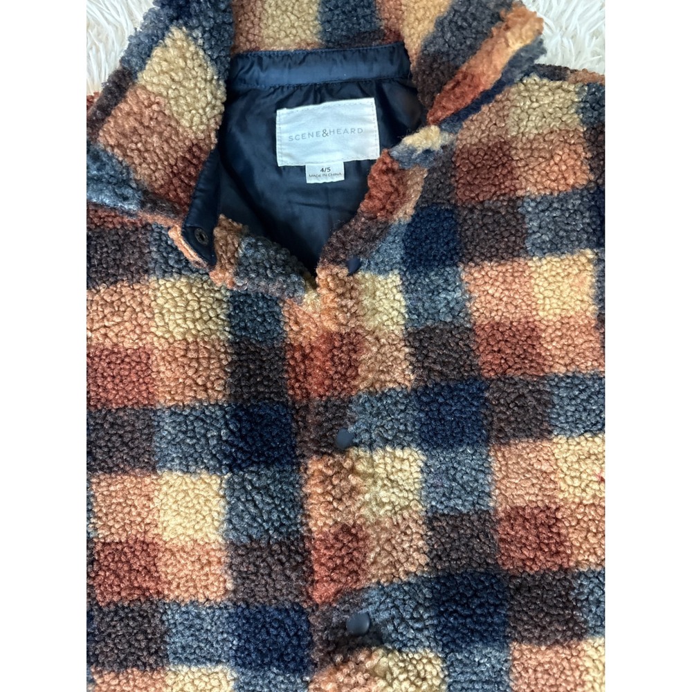 Scene & Heard Kids Plaid Sherpa Fleece Jacket Size 4/5‎ Brown Blue Orange